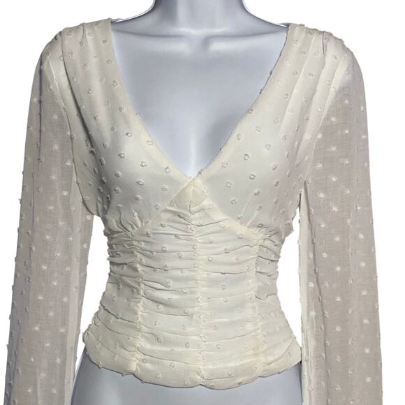 Lulus Tops - Coquette Swiss Dot Sheer Sleeve Ruched Corset Cottagecore Feminine Ethereal Top
